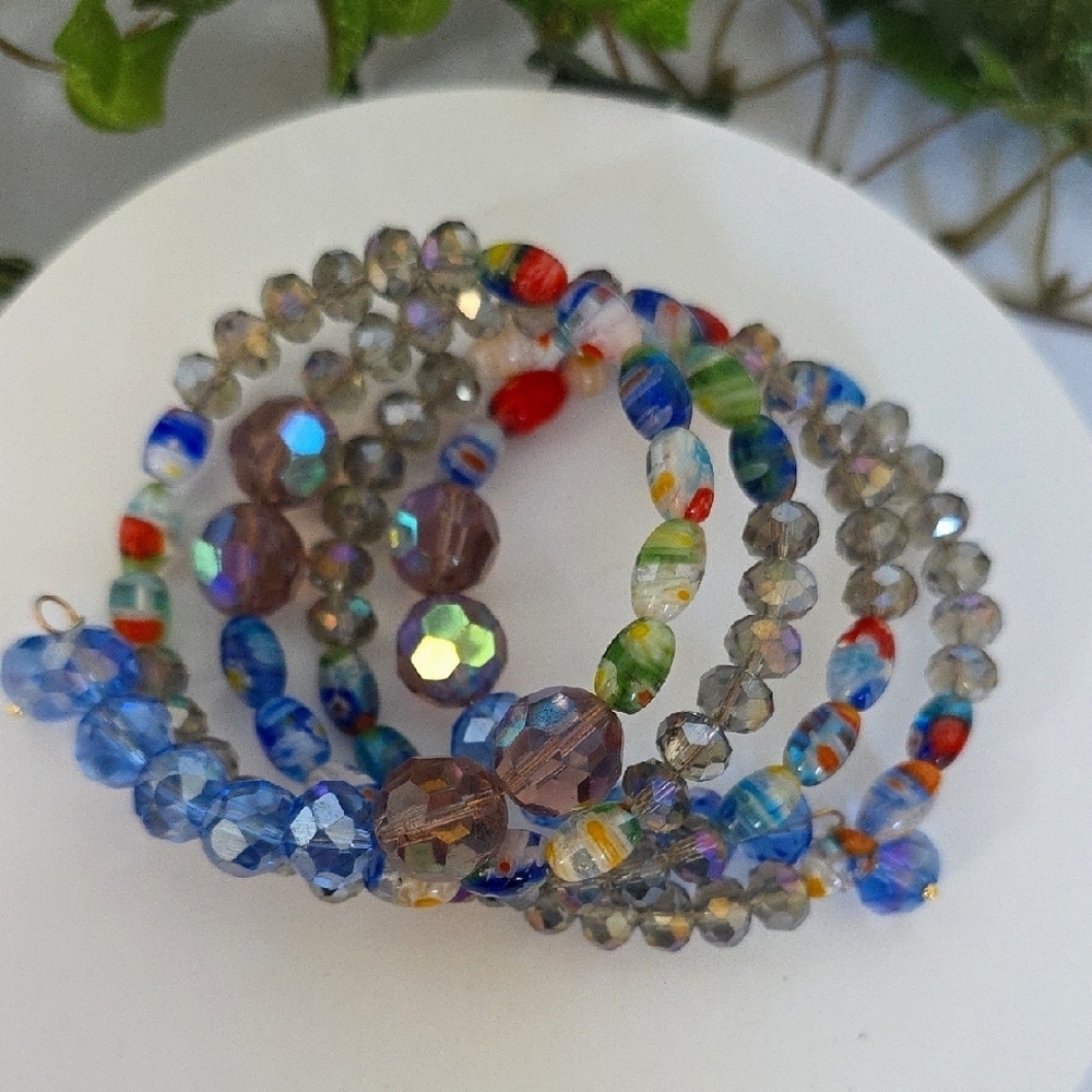 Crystal and Art Glass Spiral Wrap Coil Bracelet Gold Filled